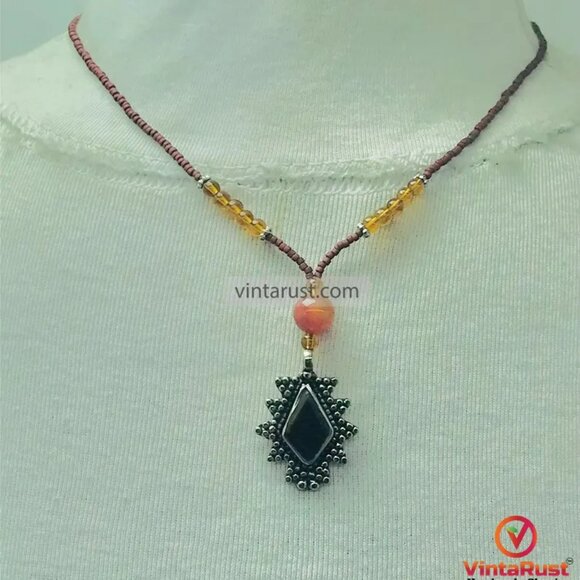 Beaded Chain Pendant Necklace, Ethnic Tribal Light Weight Necklace, Beaded Chain - Picture 9 of 10